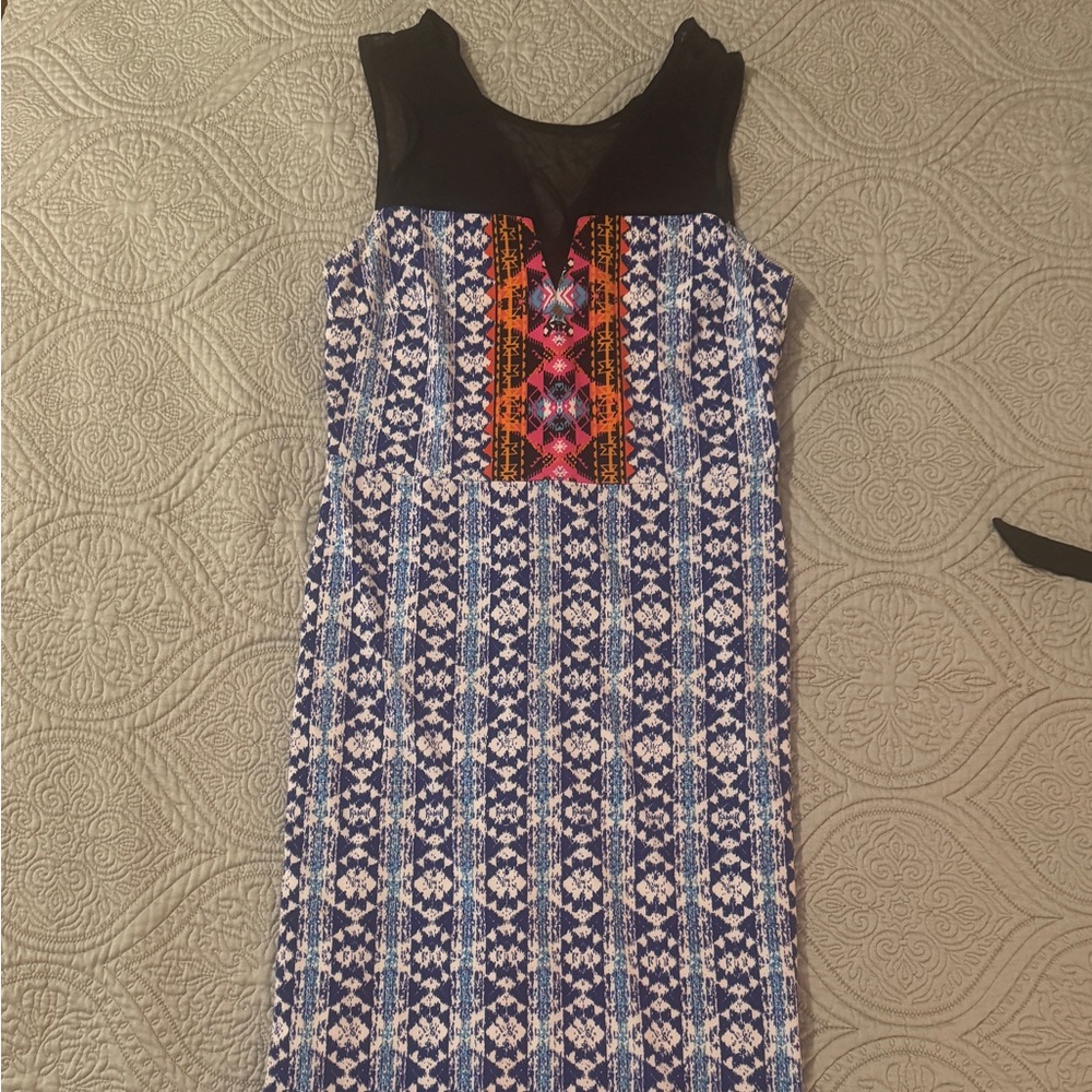 Patterned Blue, White and Orange Dress